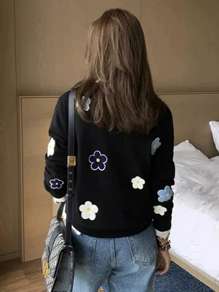 Korean Floral Embroidery Pullover Sweater High Quality Women Elegant O Neck Knitted Tops C-089