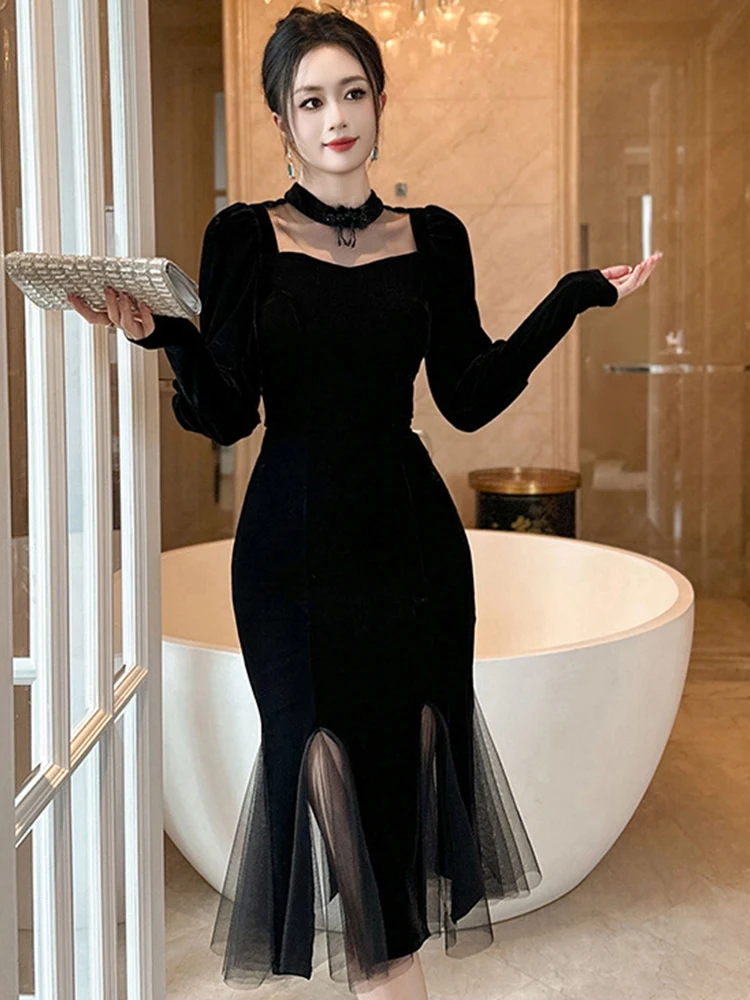 Frauen Vintage Elegante Qipao Schwarz Kleid für Frau Mesh Sheer Rüschen Party Fischschwanz Robe Weibliche Prom Chic Cheongsam Vestidos