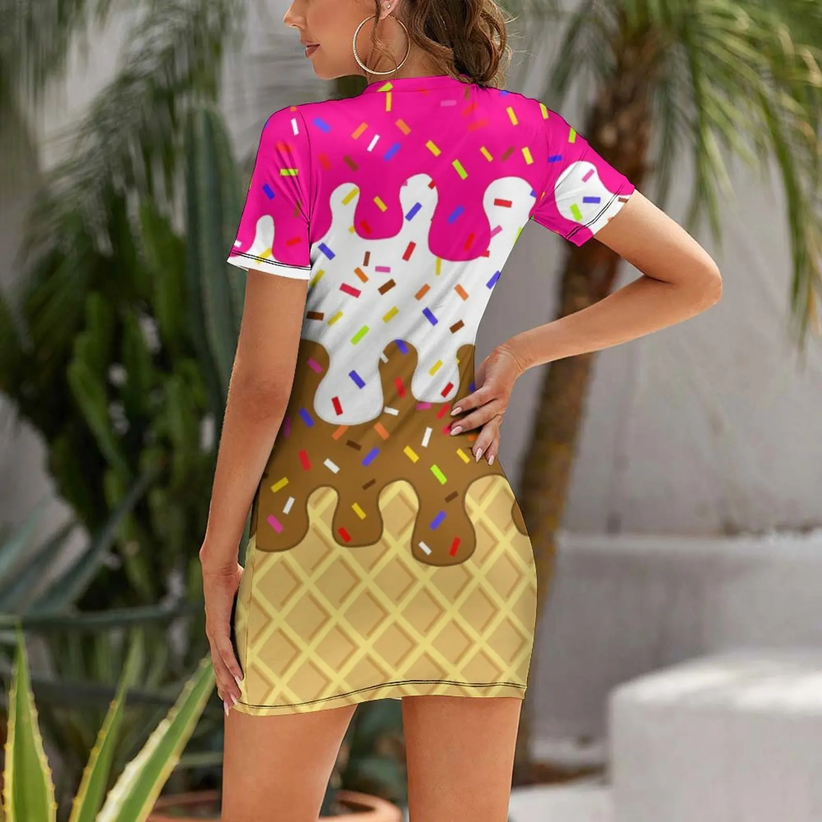 Waffle Cone Neopolitan Ice Cream With Sprinkles- Short Sleeved Dress Women's evening dress Dance dresses