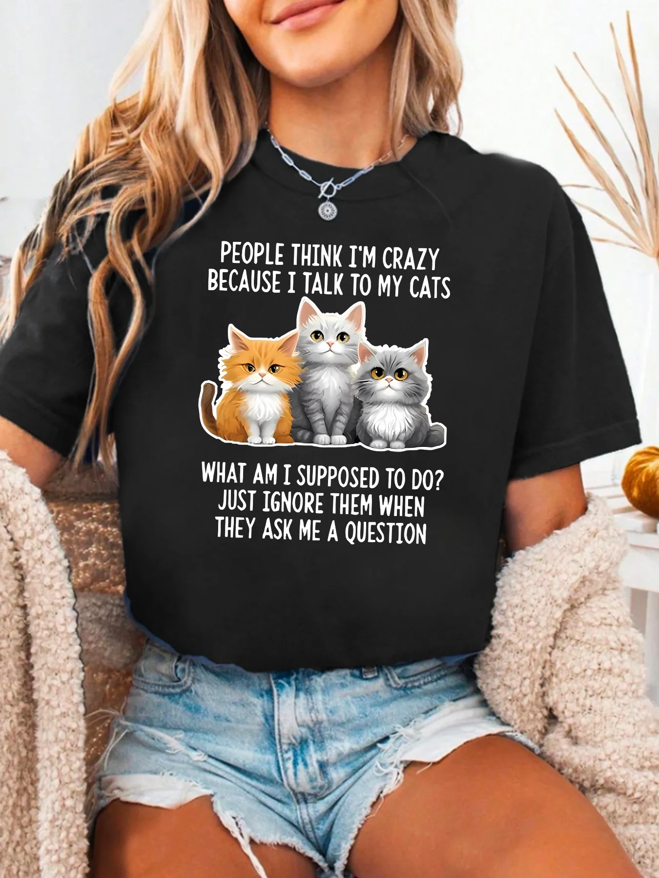 

Three cats Plus size women's round neck short sleeve T-shirt with elastic half sleeves and trendy prints
