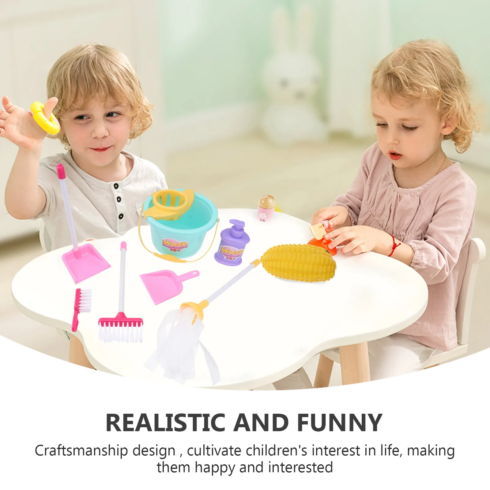Juego de limpieza para niños, 7 Uds., escoba para juego de imitación, recogedor, herramientas de limpieza para juegos de rol, juguetes para tareas domésticas