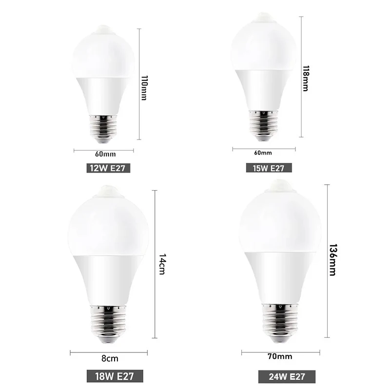 Lâmpadas LED Sensor de Movimento, Sensor PIR, Luz Noturna, Casa, Iluminação de Estacionamento, Energia, Auto LIGADO, DESLIGADO, E27, 24W, 18W, 15W, 12W, Energia