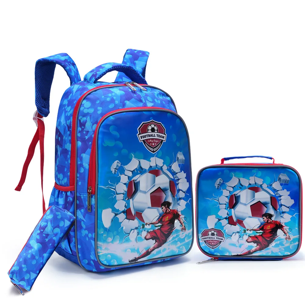

3PCS set 17" Backpack For Boys, Cartoon Soccer Design Bookbag With Lunch Box And Pen Bag, Glow-in-the-dark Function-Cyan