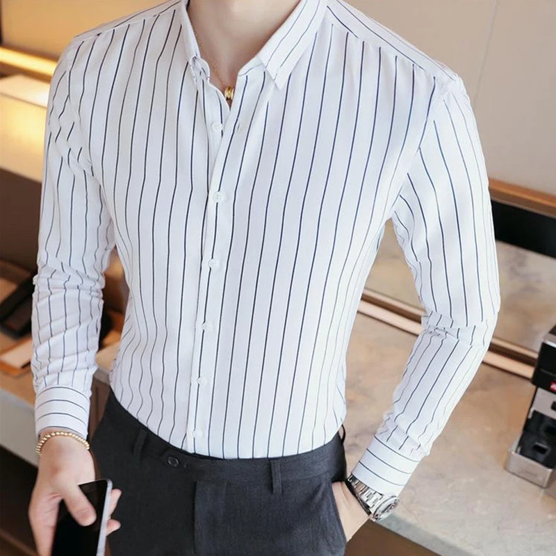 

New striped elastic men's trend long short-sleeved shirts, non-ironing anti-wrinkle shirts, slim shirts and men's models