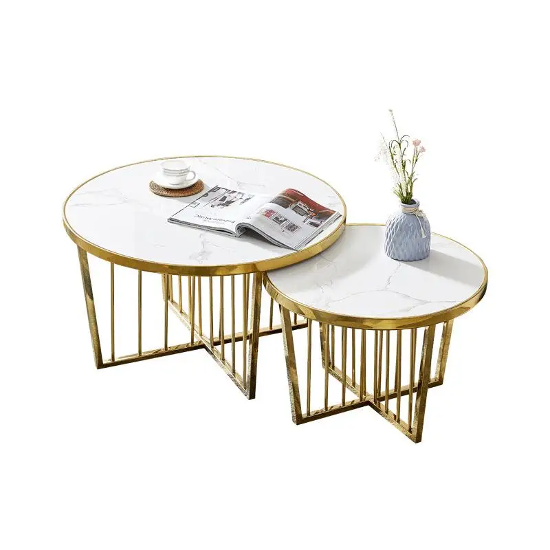 

#@Simple White Metal Stone Gold Luxury Nordic Round Modern Marble Top Coffee Tables Nesting Table for Living Room Set Home