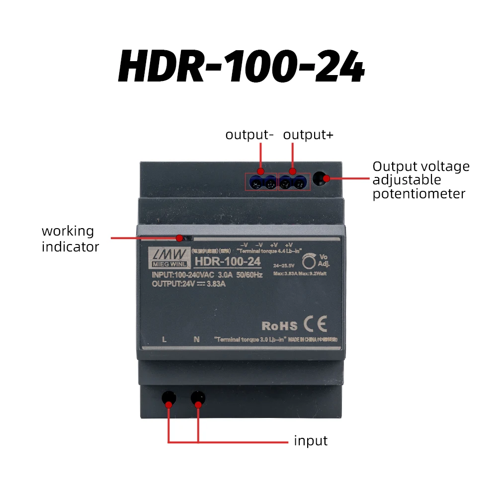 Switching Power Supply HDR-Series100W AC-DC 5V 12V 15V 24V 48V Ultra Slim Step Shape DIN Rail Switch Power Supply