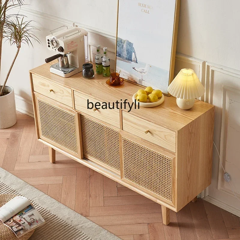 45 Nordic Rattan Sideboard Cabinet Living Room Solid Wood Locker Wall-Mounted Drawer Storage Cabinet