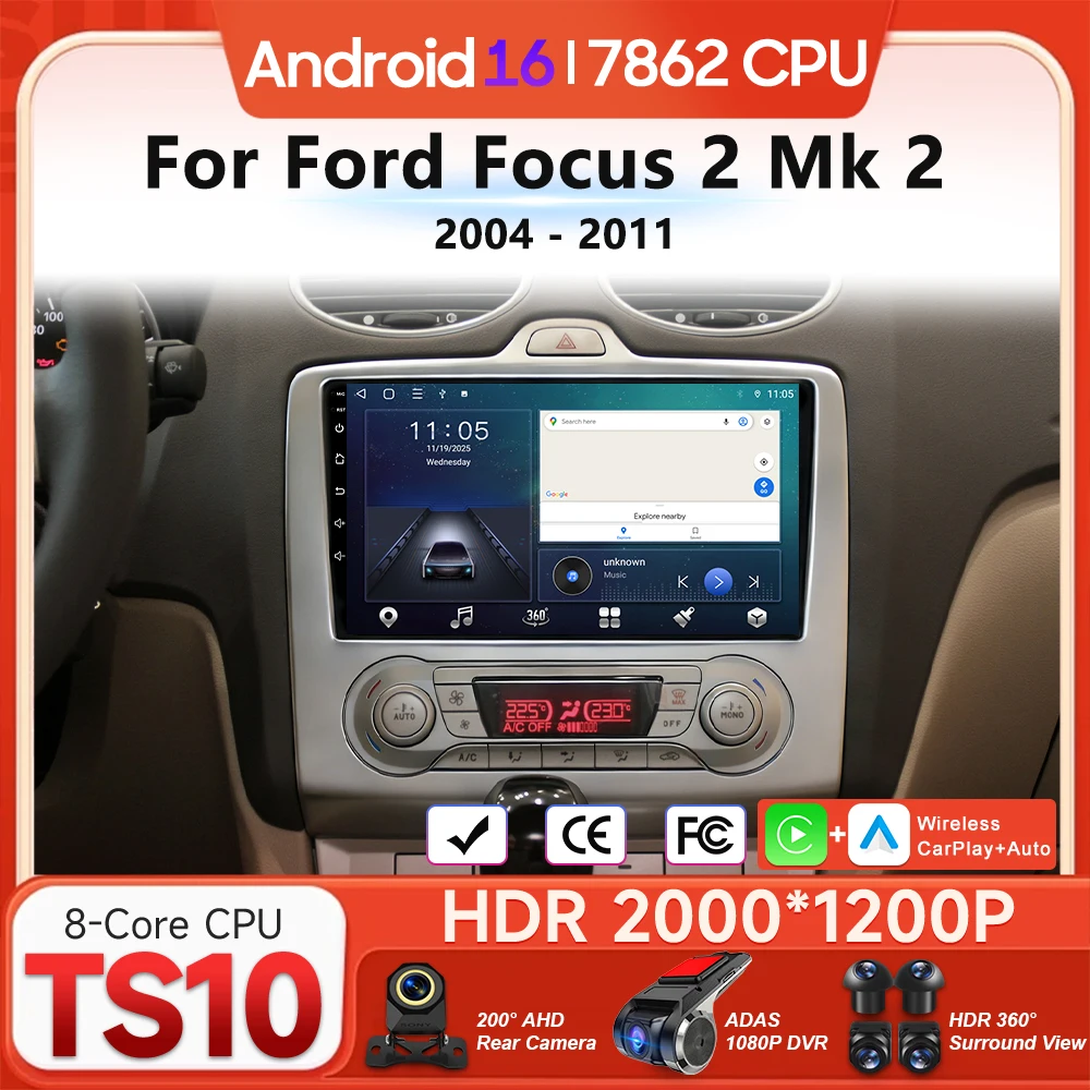 Android 16 For Ford Focus 2 Mk 2 2004 - 2011 Car Multimedia Player Carplay Auto Head Unit Radio Video Wifi Navigation GPS 2din