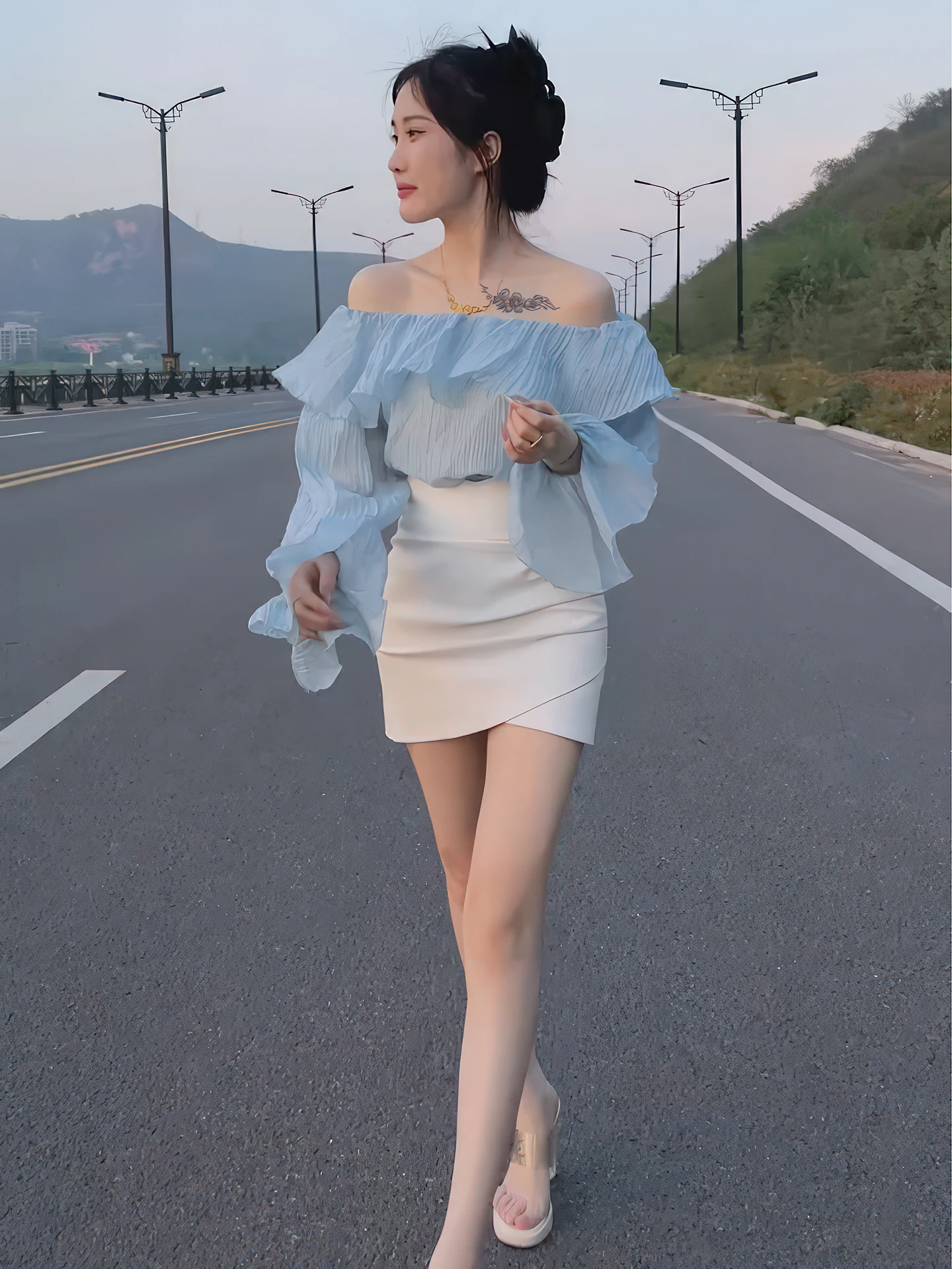 Ele Summer 2025 Women's Off-oulder Gauze Top High Waist  Skirt Two-Piece Set Floral Lace Hemline Long Sve Ensemble