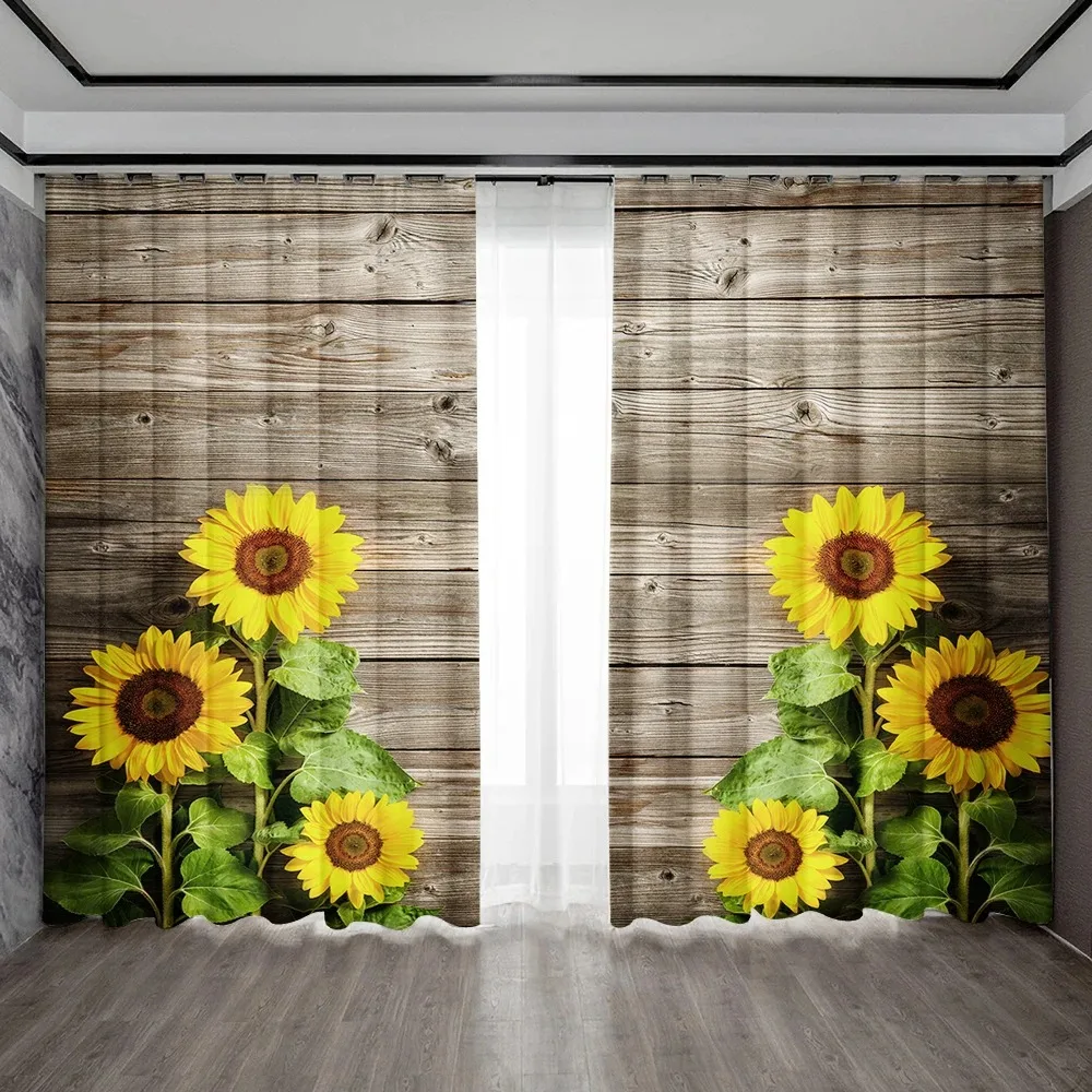 Decorative Curtains - Sunflowers On Rural Wooden Walls - English Sunflowers With Rod Bag Curtains, Suitable For Bedroom,Gard