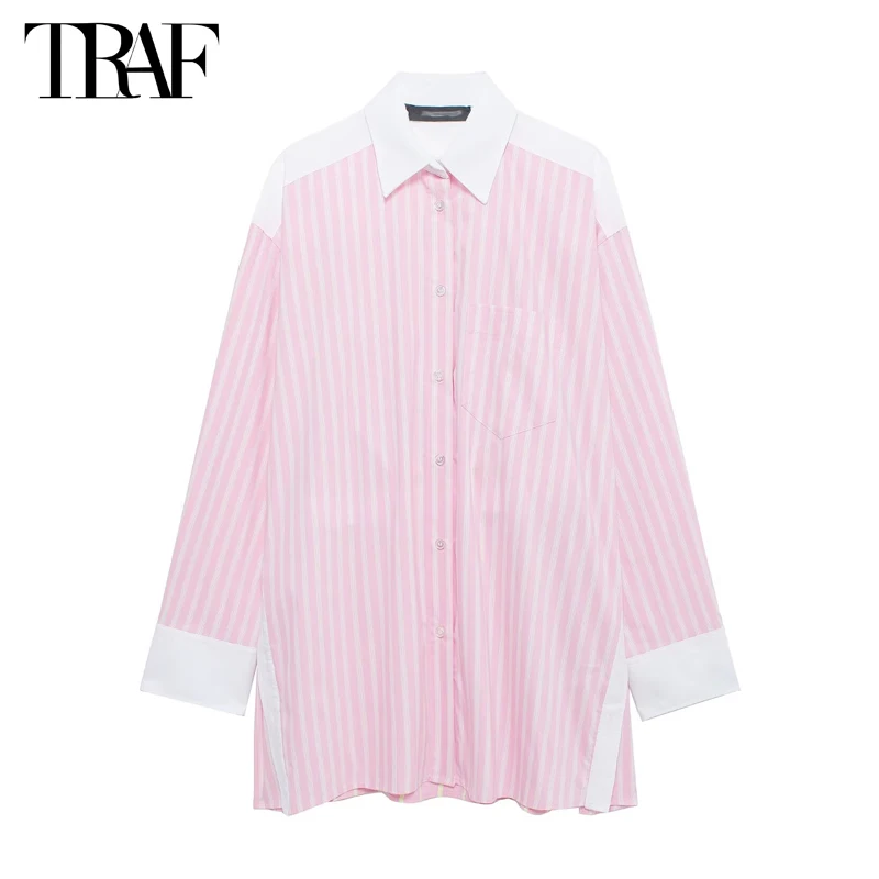 TRAF Striped Long Shirt Woman Summer Oversize Shirt Women Collar Button up Shirts for Women Long Sleeve Shirts and Blouses Woman