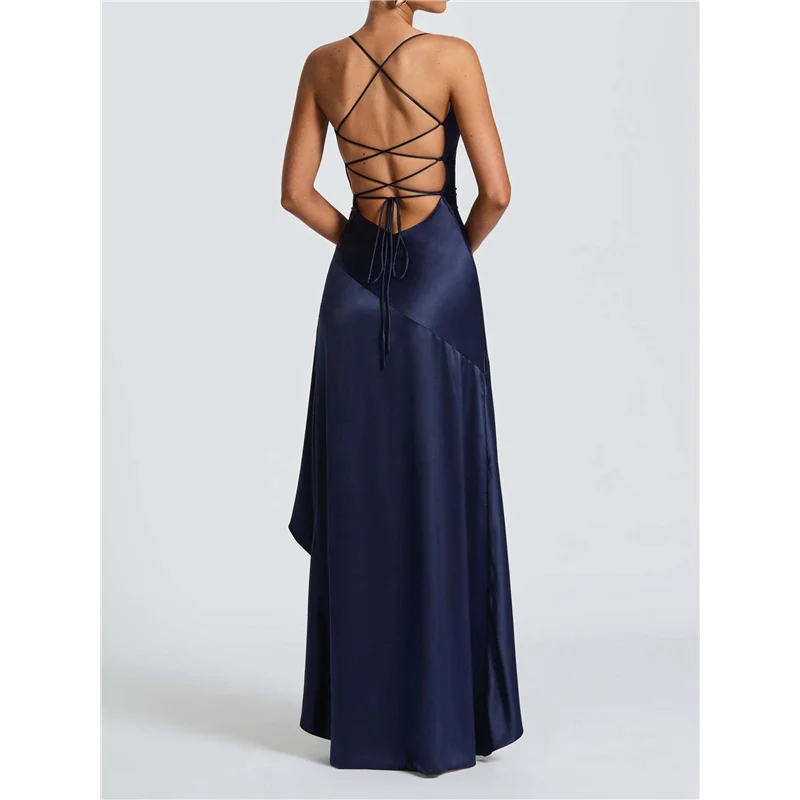 AOAO- فستان كوكتيل نسائي برقبة على شكل حرف V بدون أكمام من الساتان بحاشية مكشكشة ضيقة وطويلة غير رسمية مفتوحة من الخلف بفتحة عالية #3