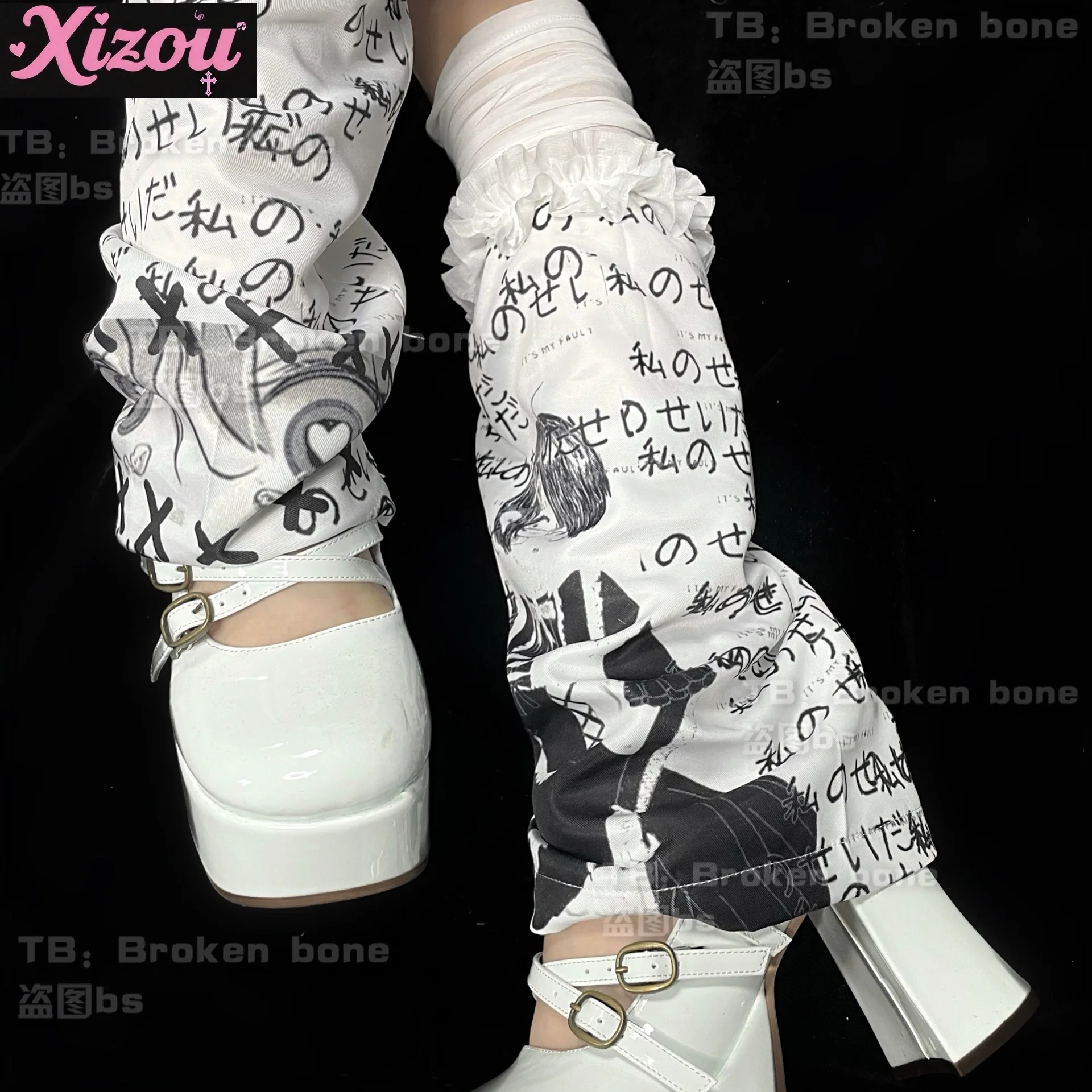 Calentadores de piernas subcultura Y2k para mujer, calcetín largo japonés Harajuku, cubierta para pies, parche de encaje con estampado Kawaii de dibujos animados, puños para botas