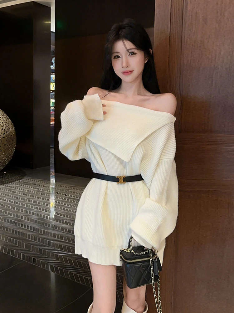

Women's Sexy Asymmetrical Off-shoulder Pullover Long-sleeve Knit Top Belt Elegant Slash-neck Sweater Autumn Office Lady Clothing