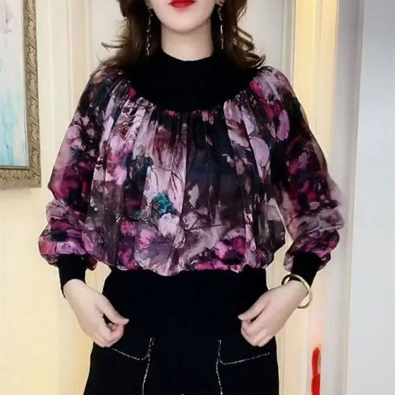 Vintage Floral Printed Shirt Spring Autumn Turtleneck Women\'s Clothing Long Sleeve Chiffon Fashion Spliced Knitted Folds Blouse