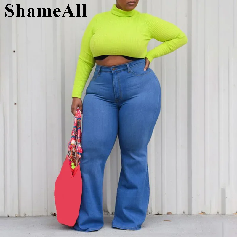 Plus Size Wide Lge Super Stretchy Flare Jeans Mom 4XL Fall Spring Sexy High Waisted Matching Slim Fit Skinny Denim Bell Bottoms