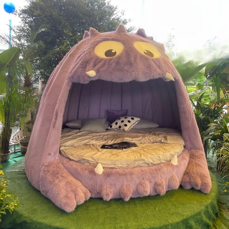 Large two-dimensional animal monster bed leather fabric plush bedroom light luxury minimalist cream wind bed