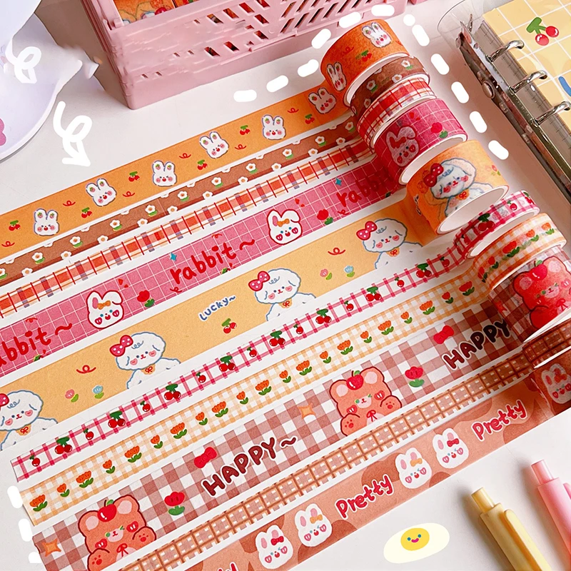 5Pcs Cute Cartoon Rabbit Plaid Decorative Washi Tapes DIY Scrapbooking Diary Album Hand Account Collage Masking Tape Stationery