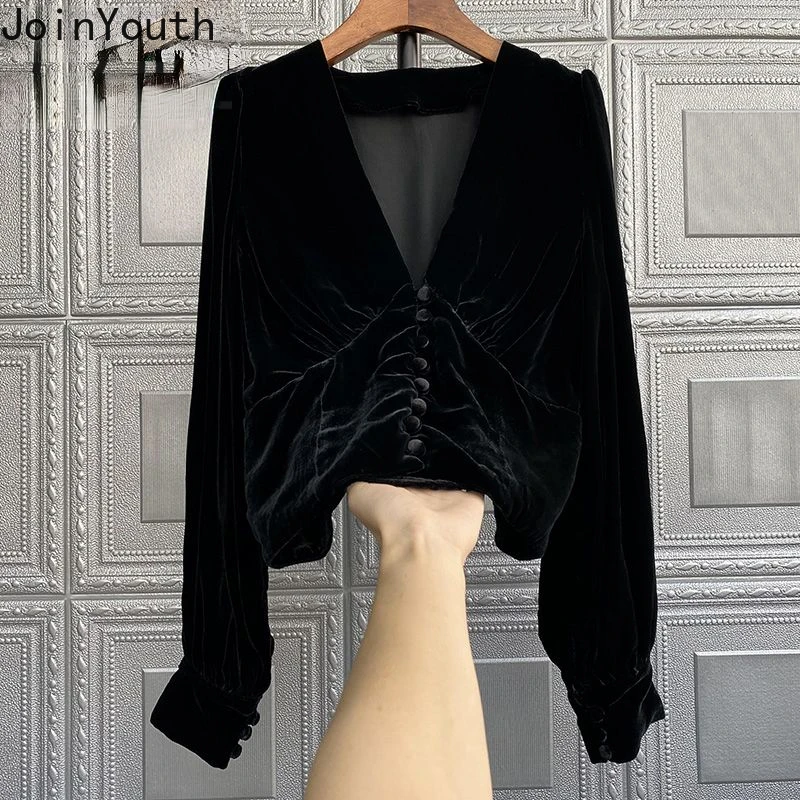 2023 Blusas Mujer De Moda Temperament Black Blouses Women Clothing V-neck Long Sleeve Vintage Tops Tunic Velvet Korean Shirts