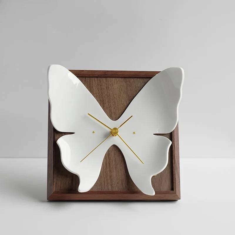 Creative White Butterfly Shaped Table Clocks Silent Sweep Needle Clock Living Room Decoration Wood Framed Wall-mounted Timepiece