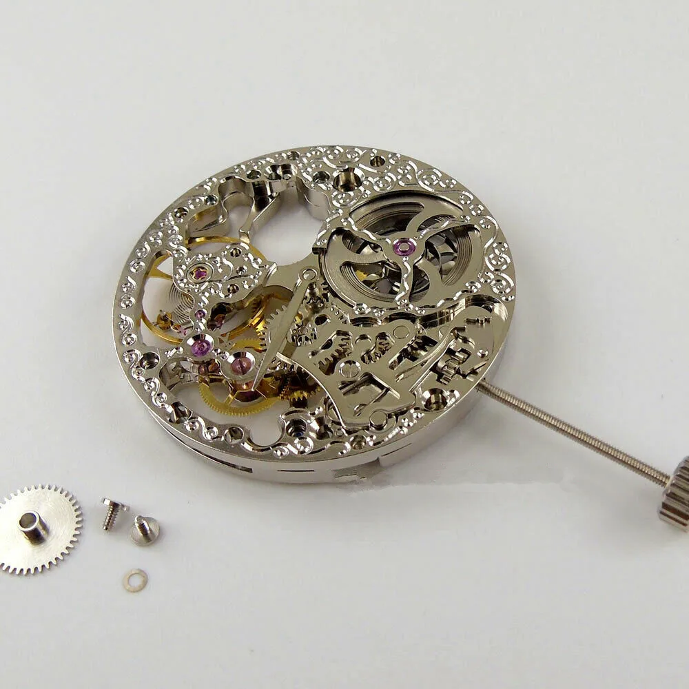 For ETA 6498 Movement Accessories 27.4mm Mechanical Silver Skeleton Hand Winding Watch Movement Replace Repair Parts 17 Jewels