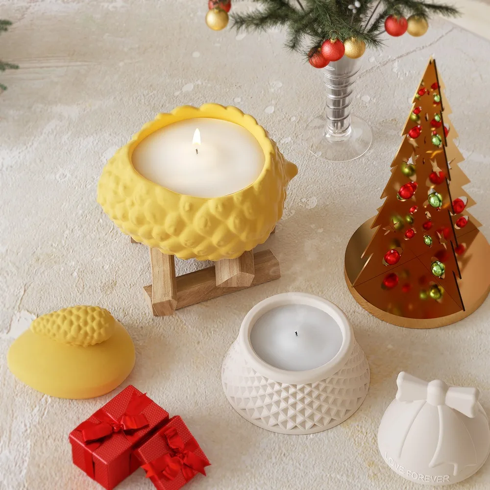 Christmas Pinecone Santa Bow Bell Candle Jar with Lid Cement Silicone Mold Candle Vessel Plaster Storage Box Epoxy Resin Molds