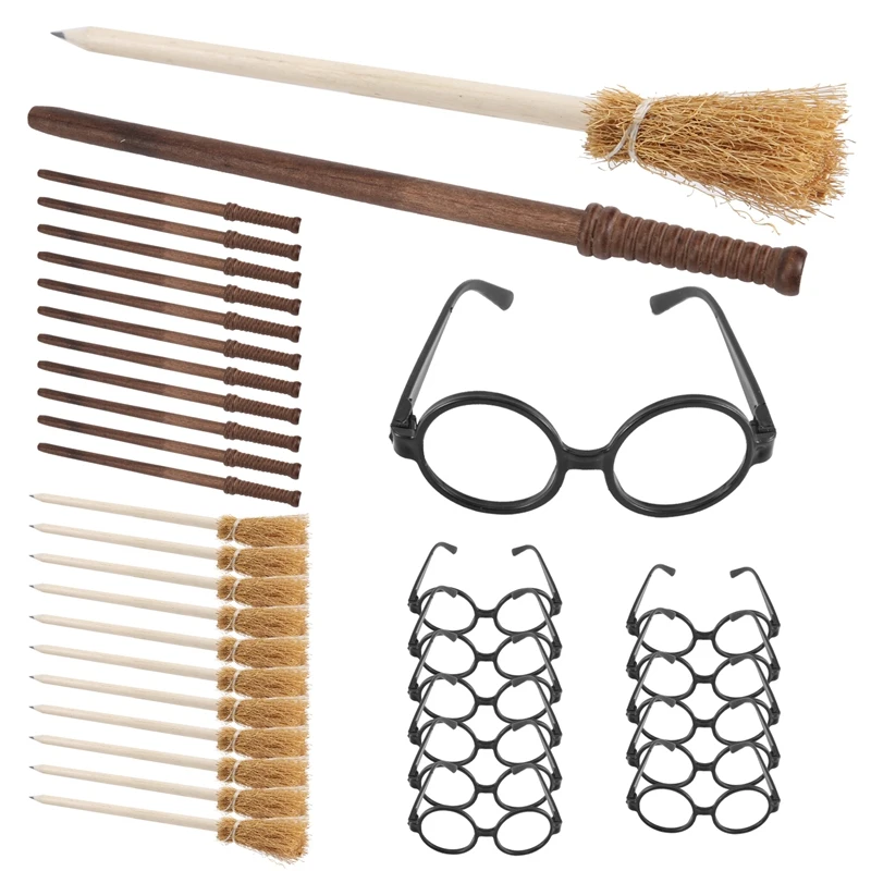Witch Broom Theme Party Supplies, Lápis e Wands Lápis, Óculos, Moldura Redonda, Sem Lentes, Wands Assistente, 36 pcs