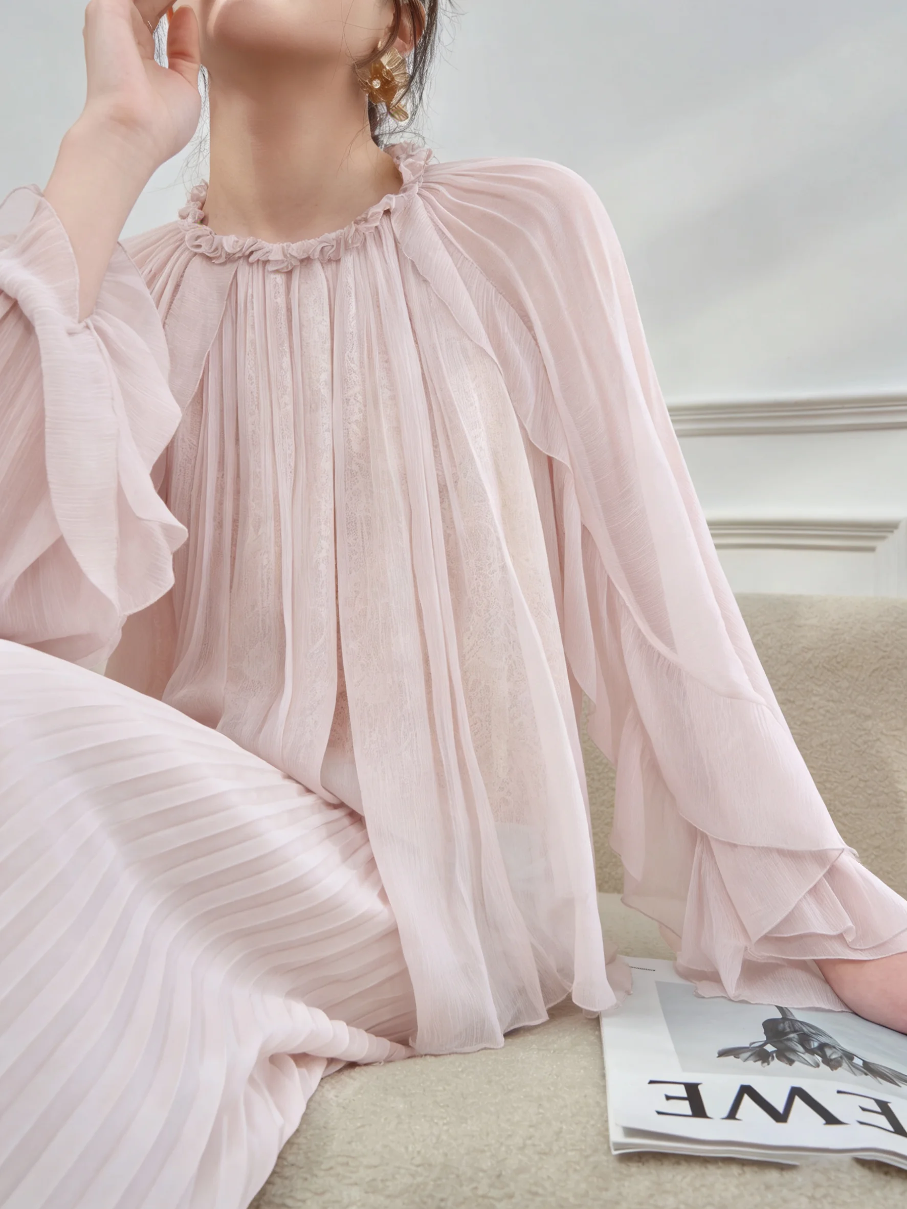 

Unique Beautiful Pink Lace Trim irt Top f Skirt Luxury Spring Set Women's Sle Regular Sve High Waist Pear Body pe