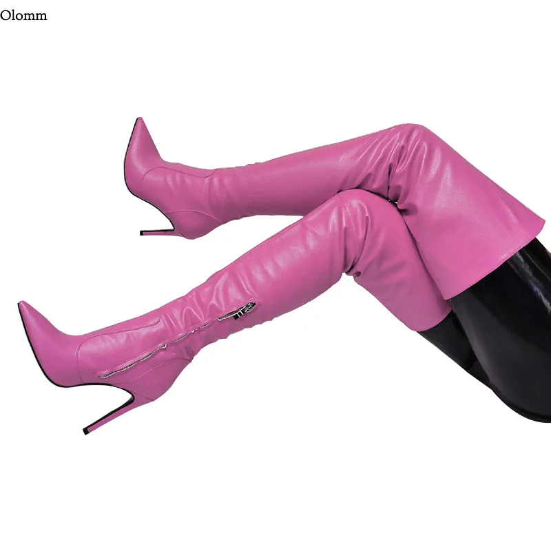 

Olomm Женские зимние сапоги выше колена ручной работы на шпильке с острым носком, великолепная 8-цветная обувь для вечеринок, размер США 5-15