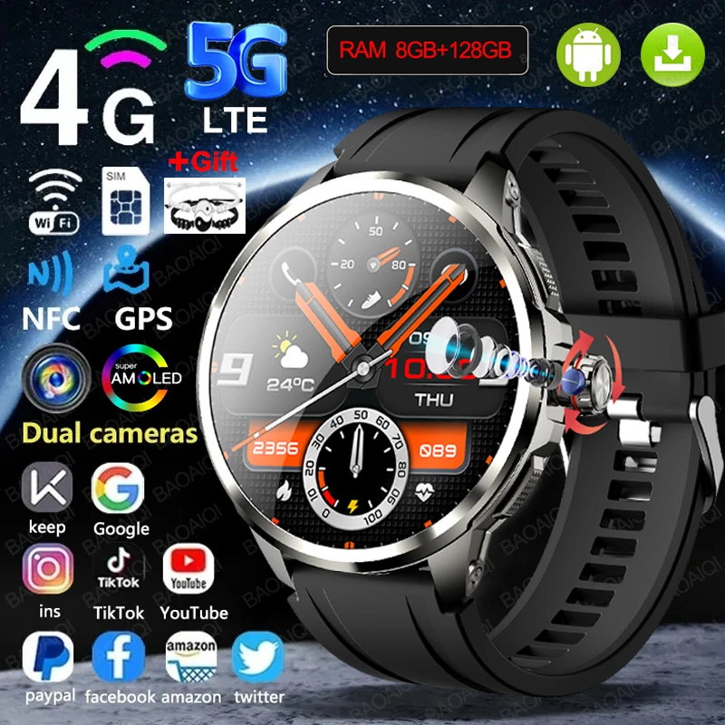 5G/4G All-Network Smart Watch 1.95 inch AMOLED 2100mah Battery 8GB+128GB RAM 900W Camera GPS WIFI Google APP Download Smartwatch