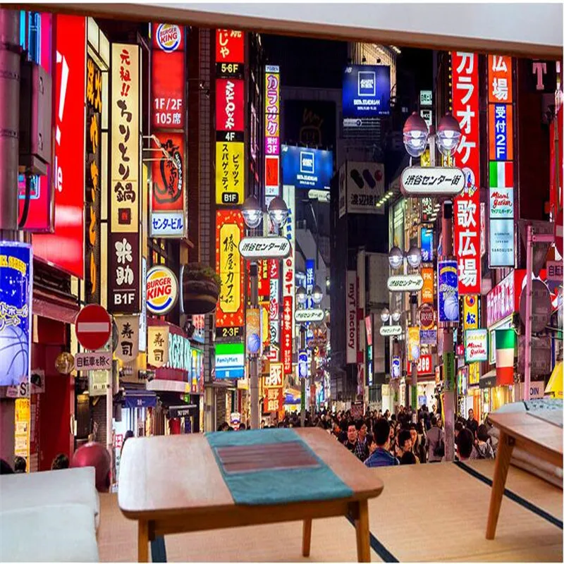 Papel de parede para cidades japonesas, paisagem 3d, vista noturna, para decoração industrial, restaurante, sushi, izakaya