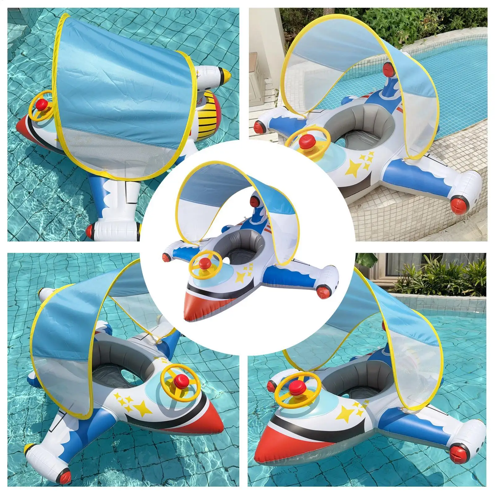

Inflatable Airplane Float Baby Ride Raft Pool Toys with Sunshade Outdoor Water Play Swimming Ring Lounger Comfortable
