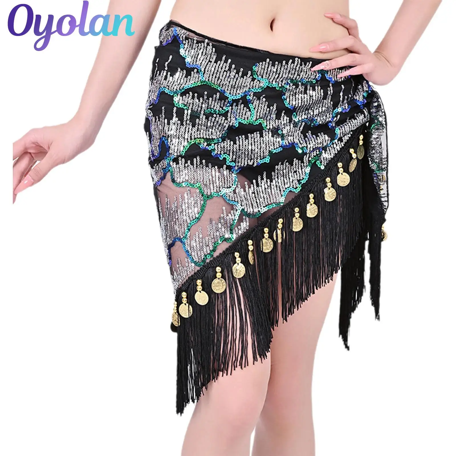 

Womens Belly Latin Tango Ballroom Dance Hip Scarf Sheer Mesh with Shiny Sequin Tassel Fringe Triangle Waist Chain Hip Wrap