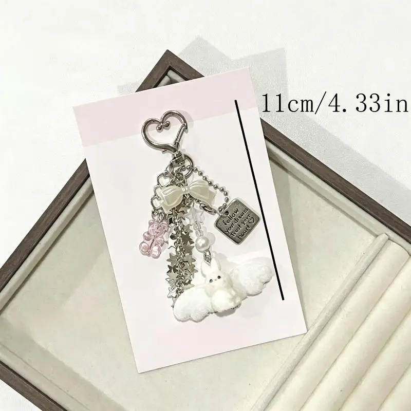 Niedlicher Engel-Häschen-Schlüsselanhänger, weicher Plüsch-Anhänger mit Schleife und Sternen-Charms, perfekt als tägliches Geschenk für Mädchen, Rucksack-Deko. – Detail 9