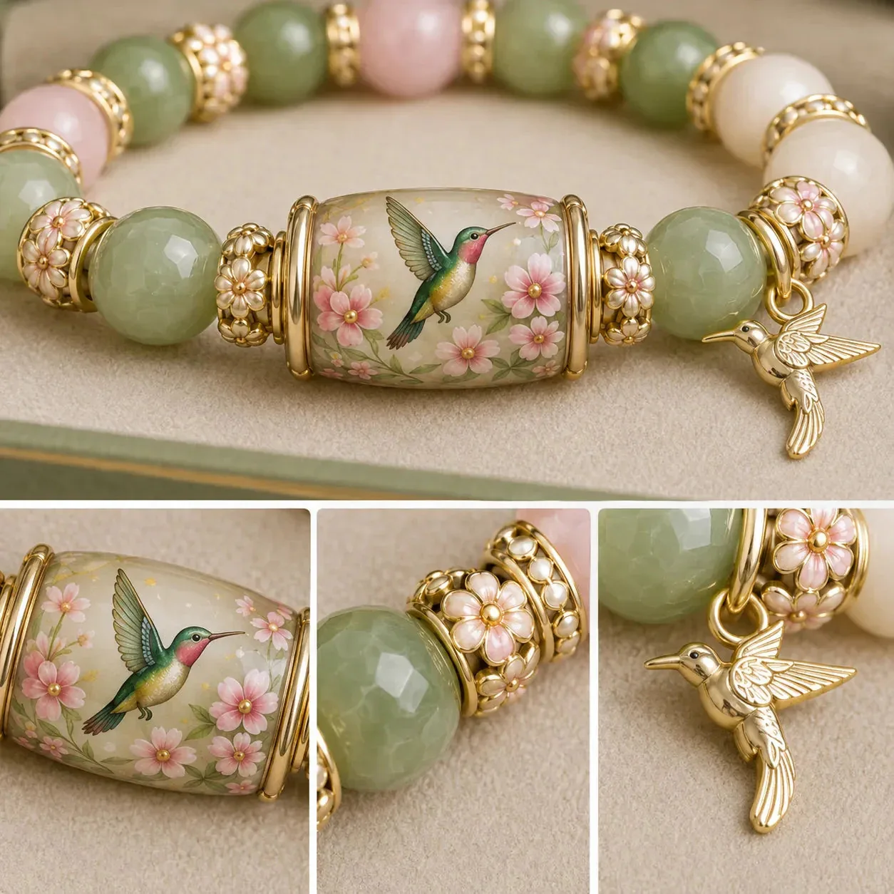 Metal Tube Crystal Charm Bracelet Women Animal Healing Jewelry Hummingbird Turtle Cardinal Bee Dainty Stretch Beaded Bangle