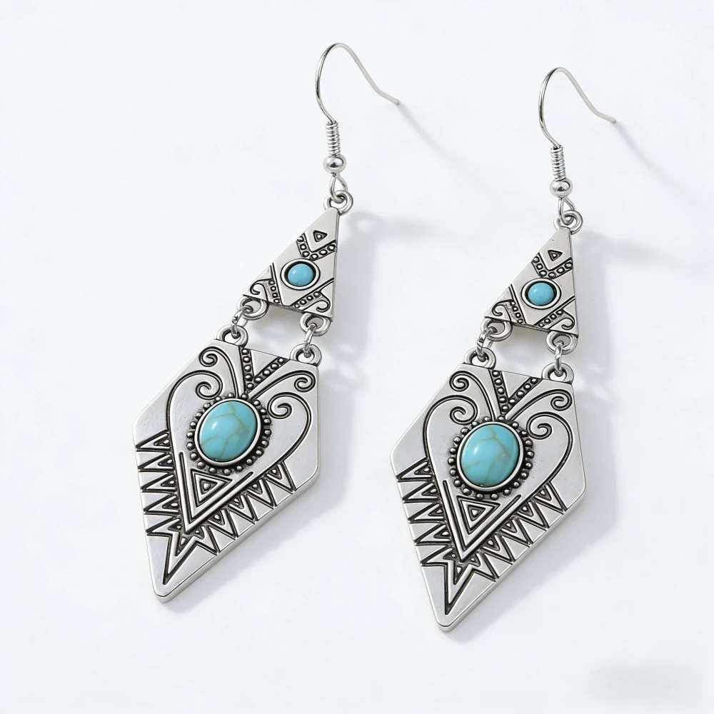 Vintage Bohemian Creative Geometric Rhombus Synthetic Turquoise Handmade Earrings, Alloy Female Wedding Couple Holiday Jewelry