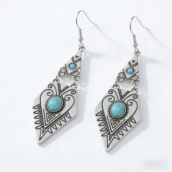 Vintage Bohemian Creative Geometric Rhombus Synthetic Turquoise Handmade Earrings, Alloy Female Wedding Couple Holiday Jewelry