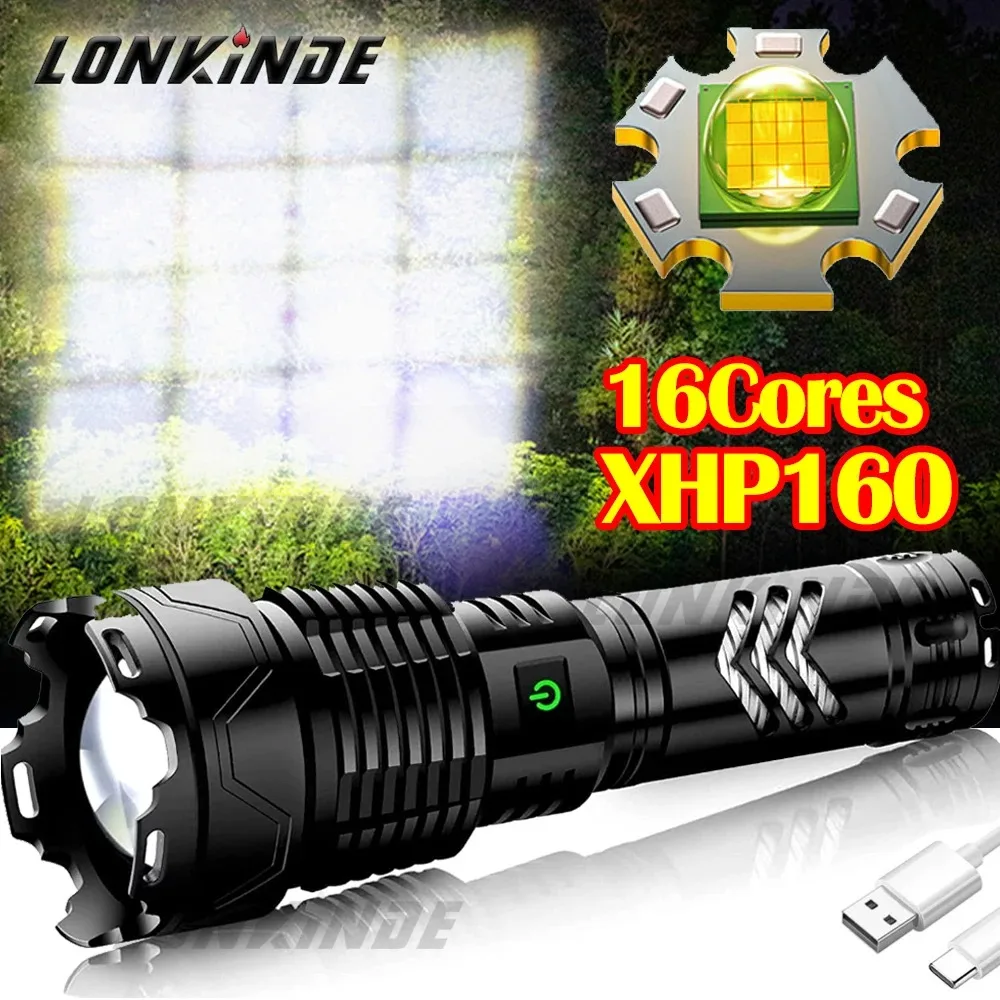 

Powerful LED Flashlight XHP160.8 Type-C Torch High Power Lantern Rechargeable Lamp Torch Battery 26650 Waterproof Hand Lamp