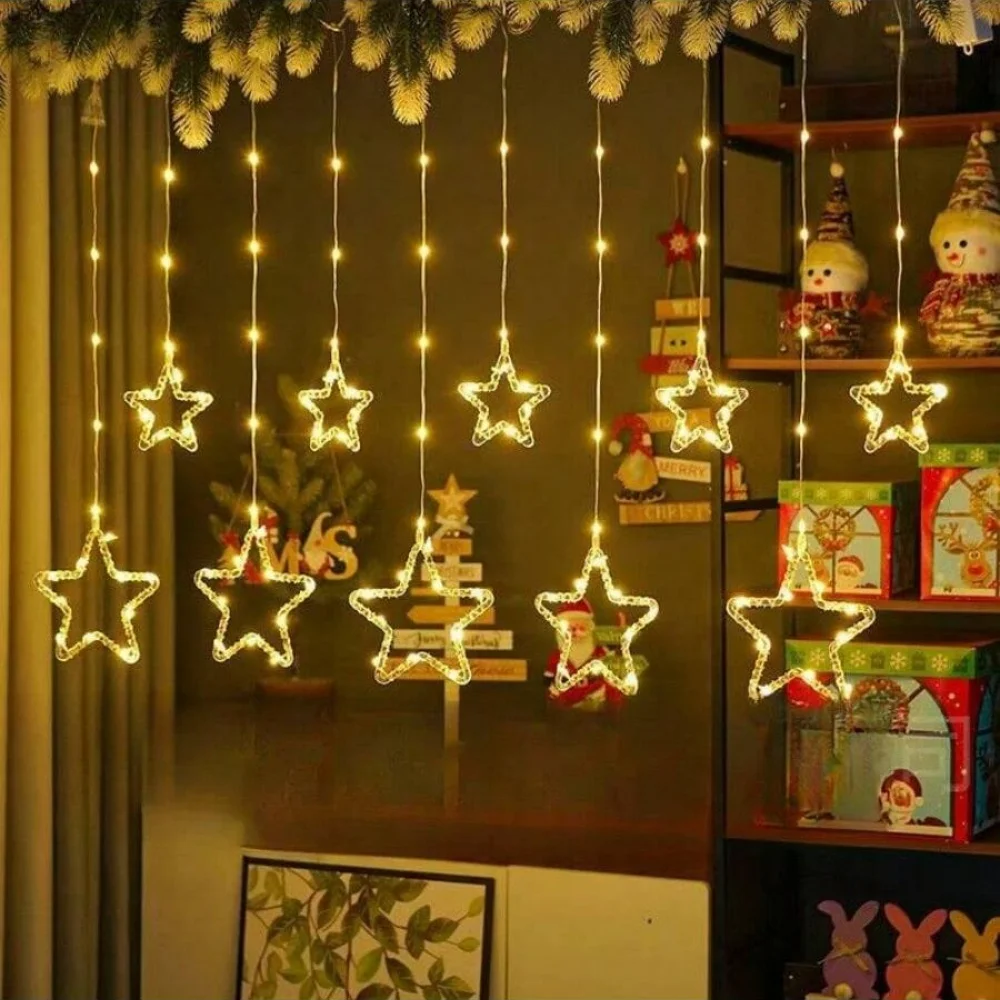 USB Powered Christmas LED Star Curtain String Lights, Window Fairy Lights, Hanging Lights for Wedding Bedroom Home Wall Decor