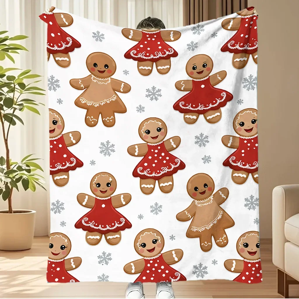 Red Blanket Merry Christmas Flannel Blanket Gingerbread Man Santa Claus Snow Tree Printed Soft Fluffy Office Sofa Chair Nap Gift