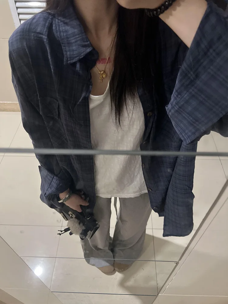 

Женская повседневная свободная верхняя одежда в стиле ретро в американском синем клетку Long Sve, осень 2023, новинка Sle, удобный воротник