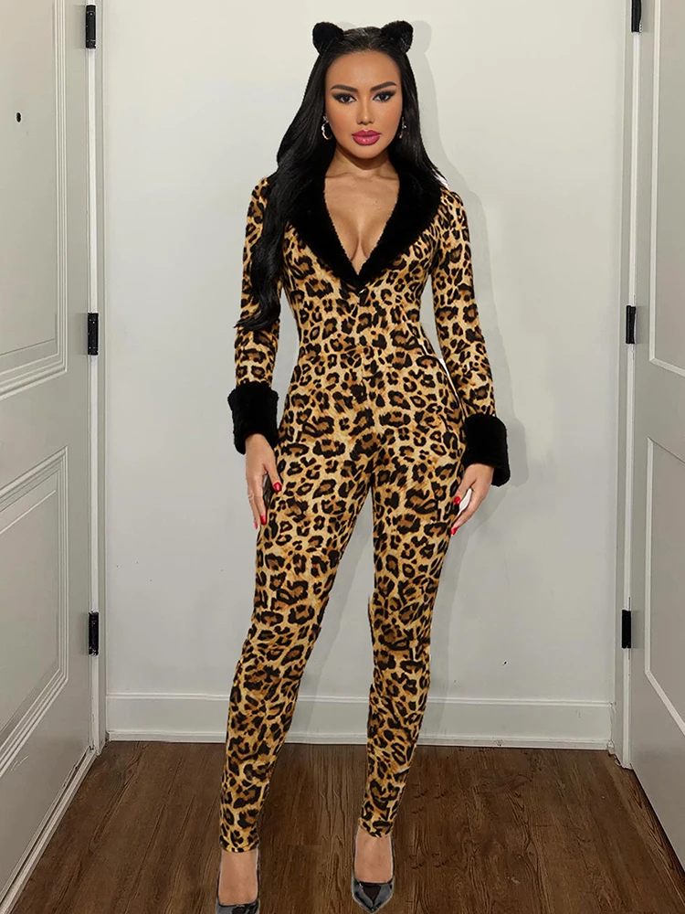 Kliou sexy moda macacões mulher leopardo impressão peludo baixo pescoço manga cheia magro cintura alta meia-noite clube festa estilo macacão