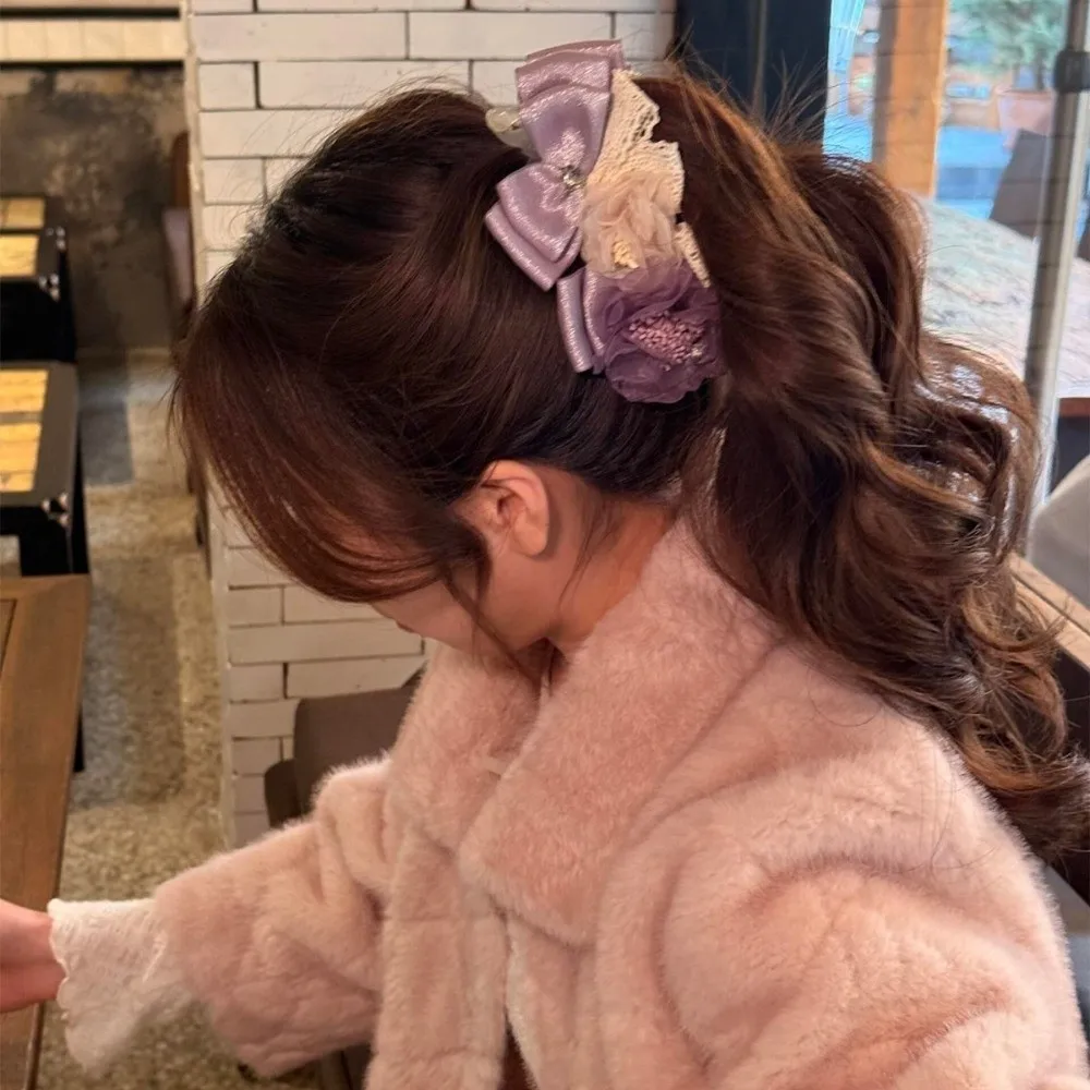 

Elegant Flower Banana Clip Korean Style Resin Purple Mesh Vertical Clip Multi-layered Polyester Women Ponytail Holder Female