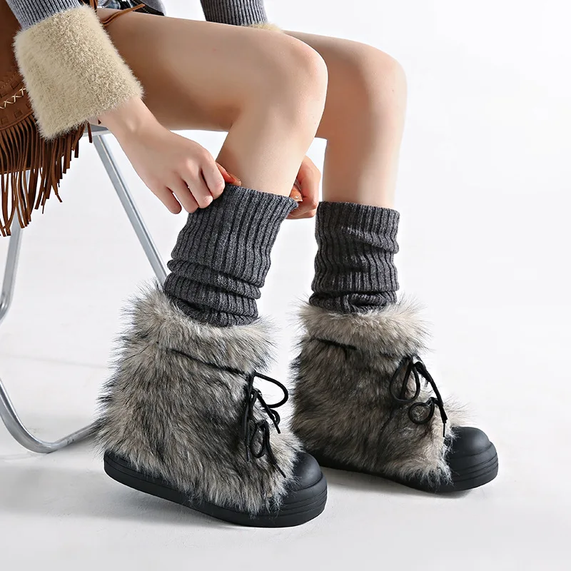 THRUM Bow Platform Women Snow Ankle Boots Fur Designer Fashion Short Plush Flats Cotton Shoes Trend Warm Cozy Winter Botas Mujer