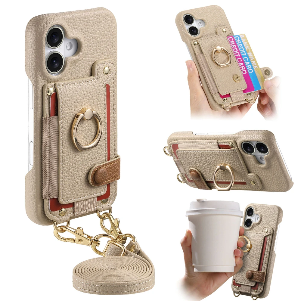 Leather Ring Support Phone Case for IPhone 16E 16 15 14 13 12 17 18 Pro Max Plus 17 Air Wallet with Card Holder Shockproof Cover