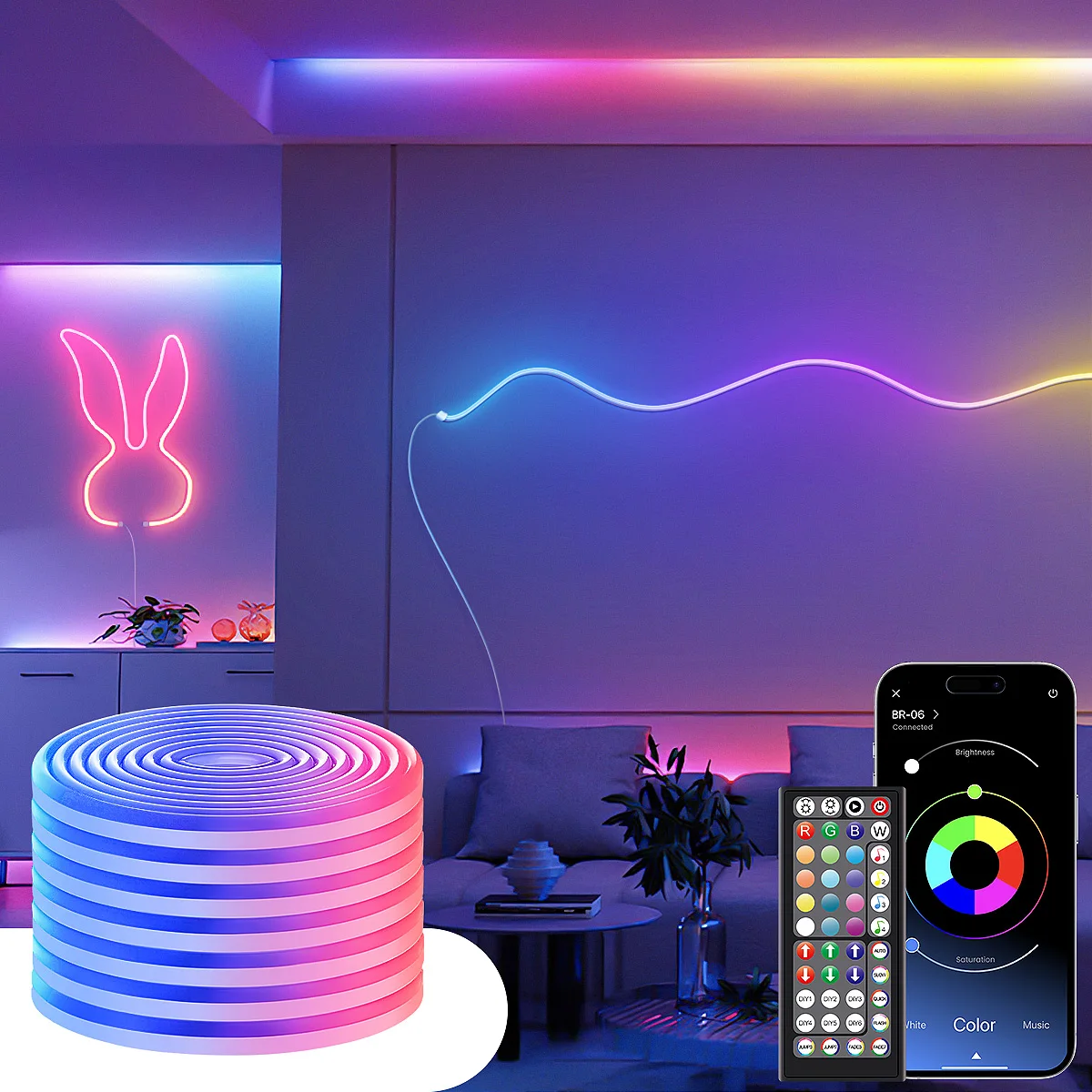 Lumières LED en corde néon avec application/télécommande, synchronisation de musique 24V, bande lumineuse RGB Flexible et étanche pour bricolage, pour fête dans la chambre à coucher