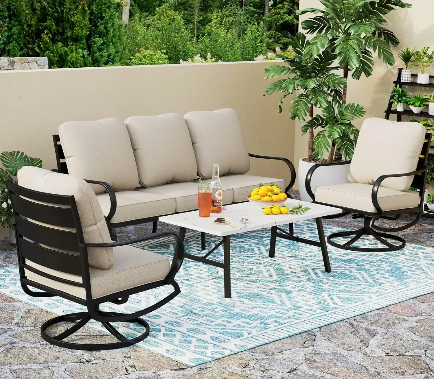 

Patio Furniture Sets with 3 Seater Padded Deep Seating Bench, Armrest Sofa Chairs and Coffee Table, Outdoor Metal Furniture Set