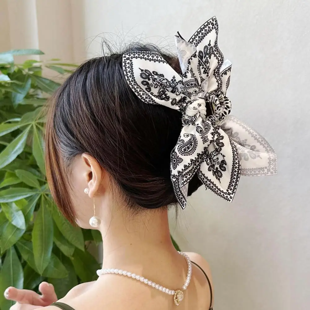 Fashion Vintage Print Large Bow Hair Claw Clip Bow Accessories Women Headdress Hair Tie Shark Loop Clip Scrunchies Korean H T0F9