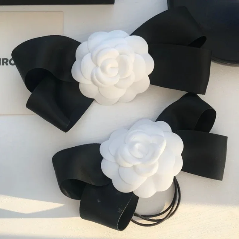 Temperament Camellia Bow Hair Ring pins White Fabric Sweet  Rope Clip Elastic Rubber Band Barrettes Ins For Women Girls