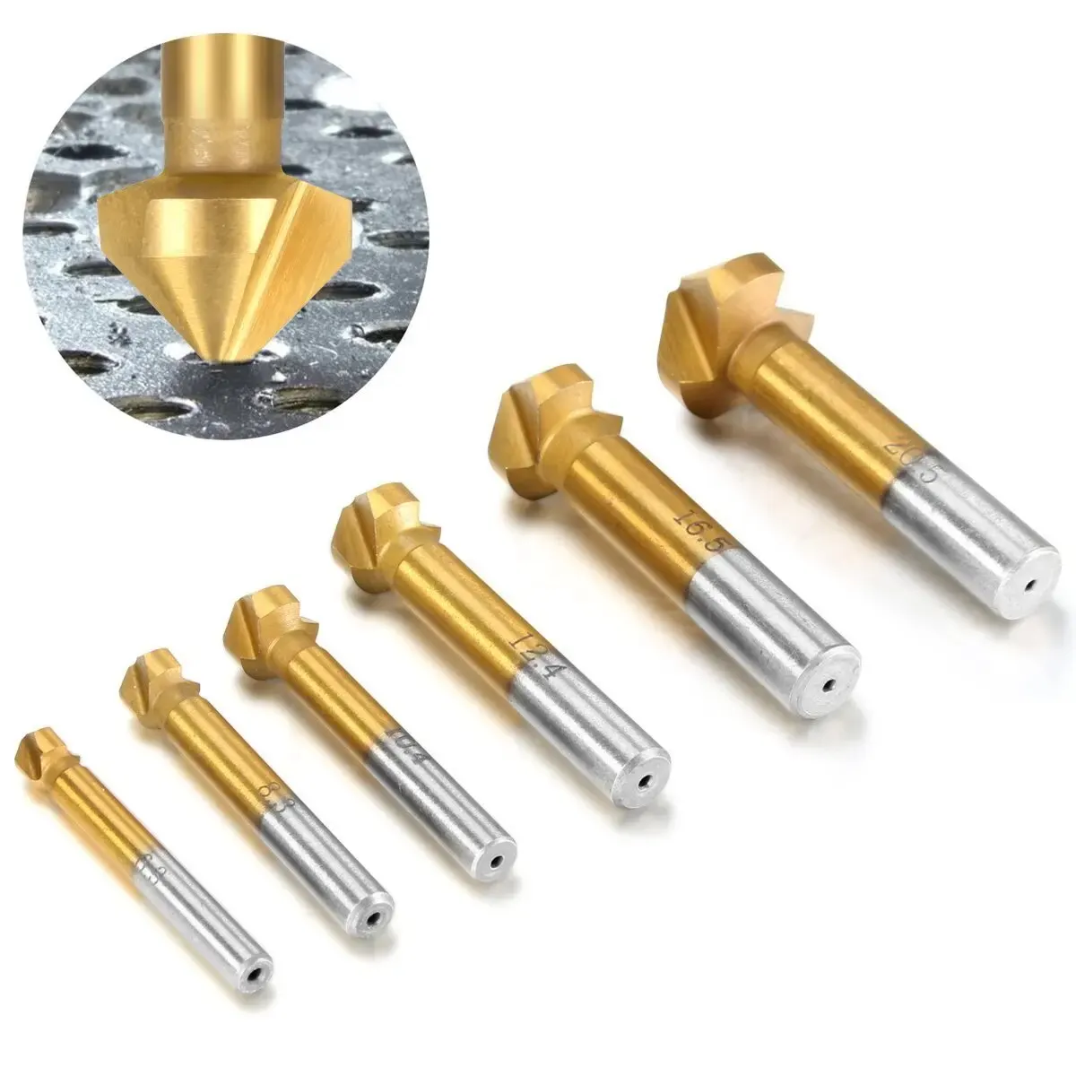 90 Degree Three Blade Full Grind Chamfer Cutter for Hole Enlargement Deburring Spot Facer Drill 6pc Woodwork Drill Bit Tool Set